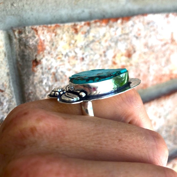 Boho Handmade Sterling Silver 925 Ornate Blue Turquoise Statement Ring Size 6 - Picture 7 of 7